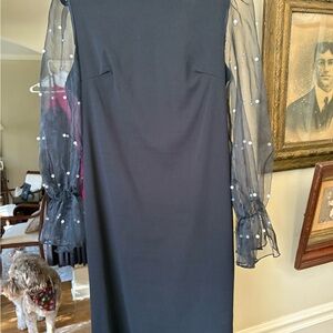 SHEIN Black Dress with Pearl-Embellished Sheer Sleeves